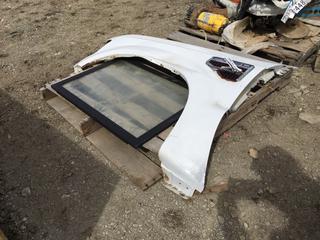 Ford F-350 White Front Fender and Small Window, Approximately 21in x 31 1/2in.