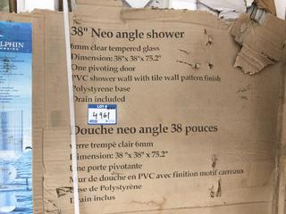 Dolphin 38in Neo Angle Shower c/w (1) Pivoting Door, PVC Shower Wall with Tile Pattern Finish and Polystyrene Base & Drain. *Damaged*