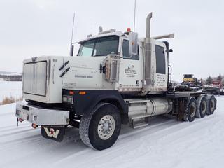 2013 Western Star 4900XD Planetary Tri-Drive Winch Tractor C/w DD-16 600hp Engine, 4700 Series Transmission, Allison 7-Spd Automatic, Air Shifted 4-Spd Aux, Sisu Rear End Planetary 6:31 Ratios, 20,000lb Fronts, 35,000lb Rears, 1800 Series Drive Shaft Upgrade, 75,000lb Braden Winch, Tail Roll w/ Adapter Plate, Sleeper, Adjustable Fifth Wheel, A/R Suspension, 38in Sleeper, Storage Box, 260in WB, 11R24.5 Rear Tires And 445/65 R22.5 Front Tires. Showing 10,849hrs, 484,654kms. VIN 5KJRALD16DPB28806. *Note: Engine Rebuilt At 10,175hrs, Truck Deleted w/ EGR Still in Use, New PTO Drive Installed At Time Of Rebuild, New Webasto Engine And Bunk Heaters Installed, Info As Per Owner* 