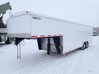 2003 Royal Cargo 24ft X 8ft T/A Enclosed Trailer C/w Fifth Wheel Hitch, 32ft Overall Length w/ Tongue, 6347Kg GVWR, Side Door, Shelving, Contents, Spare Tire And LT235/85 R16 Tires. VIN 2S9PN536433011682