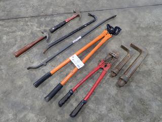 Crimper, (2) Hammers, Bolt Cutters, Tire Bar, (2) Pipe Wrench Head Adapters And Pry Bar