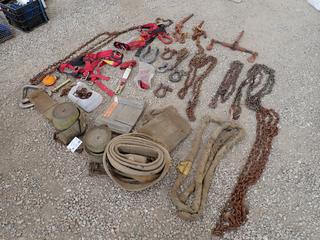 Qty Of Assorted Chains, Ratchet Boomer, Load Binders, Tie Down Straps, Shackles, Lanyards And Harnesses 