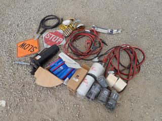 (2) Sets Of Booster Cables, Oil Filters, Stop And Slow Signs, Exhaust Clamp, Tubes Of Grease And Assorted Supplies