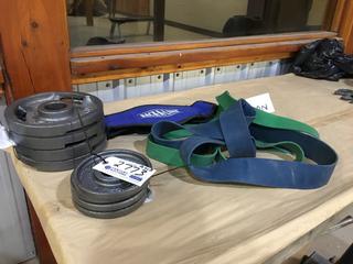 (4) 10lb Weight Plates, (2) 2.5lb Weight Plates, Resistance Bands and Back Support.  (AU)