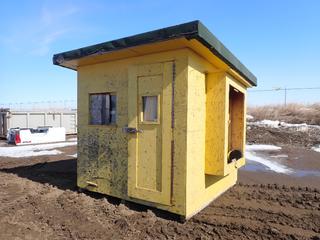 Wooden Shed, 8 Ft. (L) x 8 Ft. (W), 90 In. (H) Back, 98 In. (H) Front, c/w Interior Benches and Cabinets