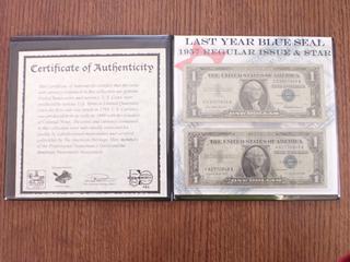 The American Heritage Mint, Historical Coin and Currency Set: 1957 Last Year Blue Seal Regular Issue and Star Issue United States of America One Dollar Bills, COA  (Office)