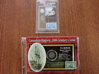 Pearl Harbor Tribute United States of America Coin and Stamp Set w/ Canada's Historic 20th Century Coins Stamp and Coin Set, 1961 Canadian 5 Cent Coin and 4 Cent Canada Stamp  (Office)