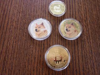 (2) Dogecoins, 2008 South Africa Krugerrand Coin, (1) Bitcoin Coin  (Office)