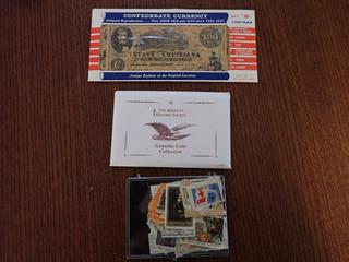 The Wild West United States Coin Collection 'The New Frontier', Qty of Assorted Stamps and Qty of Assorted Bank Notes, *Note: Unable to Verify if Legal Tender*  (Office)