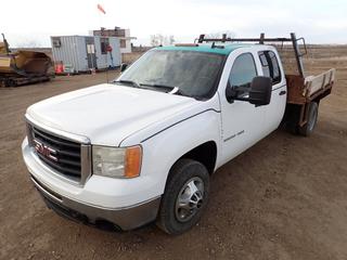 2008 GMC Sierra 3500 HDI 4X4 Crew Cab Flat Deck Truck c/w 6.0L V8 Vortec, A/T, A/C, LT225/75R17 Tires, Dual Rear Wheels, 110 In. x 96 In. Wooden Deck w/ Gooseneck Ball Hitch. Showing 164,371 KMs, VIN 1GTJK33K98F118179 *Note: Some Body Rust, Engine Light On, Visible Under Dash Wiring, Loose Rear Passenger Window Controls*