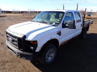 2008 Ford F-350 Super Duty Crew Cab 4X4 Flat Deck Truck c/w 6.8L V10 Triton, A/T, A/C, LT245/75R17 Tires, Showing 253,054 KMS, VIN 1FTWW31Y18EE56361, 82 In. x 7 Ft. x 1 Ft. Wooden Deck, *Note: Engine Light On, Airbag Light On, Hood Does Not Open, Hood Stand Not Operational, Boost To Start, Body Rust, Missing Driver Side Mirror, Driver Seat Damage, Body Rust, Glass Damage* 