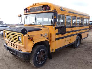 1985 Chevrolet 60 4X2 School Bus c/w 5.7L V8, 5-Speed Manual Transmission, A/C, 9970 KG GVWR, 235/80R22.5 Front Tires, 9R22.5 Rear Tires, Showing 324,461 KMs, VIN 1GBG6P1A5FV108126, c/w Blue Bird Body, (3) Double Passenger Benches, *Note: General Rust, New Starter, Battery, Spark Plugs and Air Cleaner As Per Consignor*