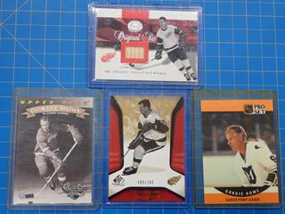Assorted Gordie Howe Hockey Cards, Including: 2001 Fleer  Greats of the Game Original Six, Authentic Game-Used Stick, NHL Mr. Hockey Hockey Card  (Office)
