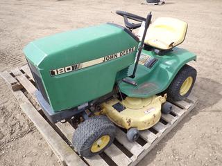 John Deere Lawn Tractor, Model 180, w/ 38 RM, 5-Speed FC540V Engine, Engine SN FC540-01311, 15x6.00-6 NHS Front Tires, 18x8.50-8 NHS Rear Tires, c/w Tri-Cyler 38 In. Mower Deck, SN M00180A362680, *Note: Flat Tire, Working Condition Unknown*