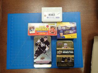 (3) Boxes and (2) Collector Tins of Assorted NHL Hockey Cards, Including: Upper Deck, 1990 Score Premium Edition Hockey Set, Etc.  (Office)