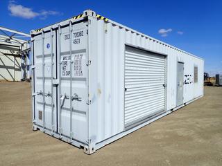2013 40 Ft. HC Shipping Container, Converted to Shop/Storage, Wired For 120/240V, 100A, SN DSCU 720362 4, c/w Steel Bench, Storage Rack, (2) Heaters, 10 Ft. Roll Up Door, Man Door, Sky Light