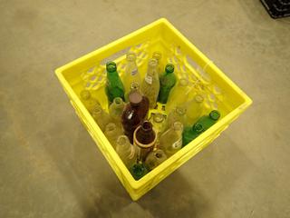 (23) Assorted Vintage Collectable Pop Bottles,  Including: Canada Dry, Mission, Sprite, 7-Up, Coke, c/w Milk Crate *Note: Broken Bottle*  (D-1)