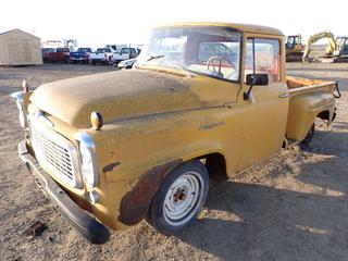 1959 International B100 Pickup c/w B-264 6-cyl Gas Engine, Manual Transmission, H78-15 Front Tires, P205/75R15 Rear Tires, (3) Additional and (1) Spare Tire. Showing 26,958 Miles, SN C4876-A6 *Note: No Brakes, Spare On Left Rear Side, Rusted/Damaged Floor, Damaged Glass, Running Condition Unknown*