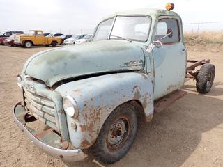 1949 GMC 1-Ton In-Line 6 Cab and Chassis Model 9434 c/w X311837 Engine, Manual Transmission, GVWR 5700 lbs., LT265/75R16 Tires, Showing 5,093 Miles, Truck SN 9943407642, Chassis SN 673, *Note: Running Condition Unknown, No Keys, Damaged Glass*