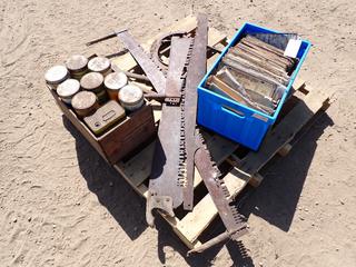 Assorted Collector Items and Antiques, Including License Plates, Tobacco Tins, Man Saws, Axe, Etc.  (WF) 
