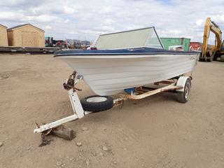 Anchor 14ft Boat C/w 85 Johnson Powershift Outboard Motor, S/A 16ft Trailer w/ Tilt Deck And 2in Ball. HIN V58625 *Note: No Trailer VIN, Seats Torn, Running Condition Unknown*