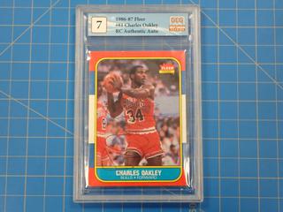 1986-87 Fleer Premium Rookie Card Authentic Autograph, Charles Oakley, 81 of 132,  *Graded 7 By Great Canadian Grading*  (Office)