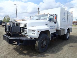 1989 Ford F-800 S/A Day Cab Sewer Flushing Truck, c/w Ford Diesel, A/T, GVWR 31,000 lbs., 11R22.5 Tires, Dual Rear Wheels, Heat Transfer System, Myers Tri-Flex Pump, Hose and Reel, Under Deck Storage Boxes. Showing 333,335 KMs, VIN 1FDXK84A3KVA50371 **Located Offsite at 21220-107 Avenue NW, Edmonton, For More Information Contact Richard at 780-222-8309**