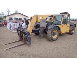 2007 Caterpillar TL943 4X4X4 Telehandler c/w CAT 3.6L Diesel Engine, (2) Front Outriggers, Self Levelling, 9,000 lbs. Load Capacity, 43 Ft. Max Lift Height, 4 Ft. Forks w/ Hyd Tilt Carriage, 3-Stage Boom, A/C Cab, 13.00-24 MH Tires. Showing 8,793 Hrs., SN TBL00327, *Note: Seat Damage, Front Tire Damaged But Will Hold Air*