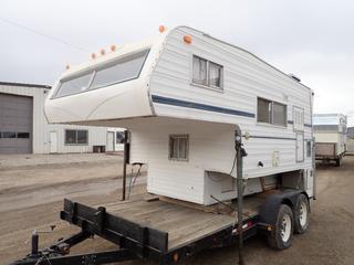 Vanguard P967 Truck Camper C/w 144in X 8ft X 7ft, 174in Overall Height, Fridge, Furnace, Stove, Toilet, Shower, Double Sink, Table, 8ft X 5ft Bunk And (4) Jack Stands. SN 73051-37 *NOTE Trailer Not included, Sold As Lot 81*