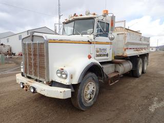 1975 Kenworth T/A Dump Truck C/w Detroit 350 Diesel Engine, 15-spd Transmission, 15ft Box, 12ft X 70in X 46in Liquid Storage Tank, 208in W/B, 11R22.5 Front And 11R24.5 Rear Tires. Showing 05405hrs, 103,418 Miles. VIN 894359C *Note: Rust, No Tailgate*