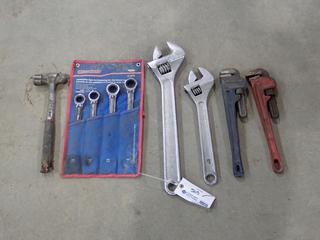 (2) Adjustable Wrenches, (2) Pipe Wrenches, Westward Combination Wrenches And Hammer