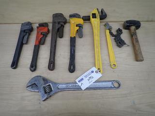 Qty Of Pipe Wrenches, Chain Wrench, Adjustable Wrench And Hammer