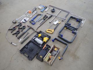 Qty Of Hammers, Clamps, Hand Saws, Squares, Powerfist Pneumatic Stapler And Assorted Hand Tools