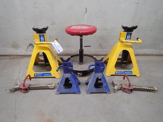 Powerfist 12-Ton Jack Stands C/w (2) Michelin 3 1/2-Ton Ratchet Locking Jack Stand, (2) 6-Ton Heads And (1) Big Red Shop Seat