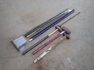 Qty Of Pry Bars C/w (3) Assorted Sledge Hammers