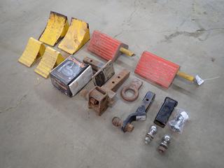 Qty Of Assorted Ball Hitches C/w Inserts, Adjustable Eye Assembly, Pintle Hitch And Wheel Chocks