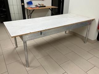 Aluminum Table with Wood Top, 83-1/4in x 28-1/2in x 35-1/4in.