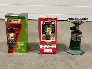 (2) Coleman Lanterns and Single Burner Stove.