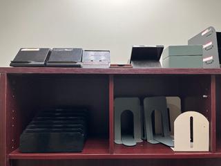 Quantity of Assorted Office Supplies c/w File Sorters, Trays, Book Ends, Rolodex's, Etc.