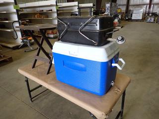 Rubbermaid Cooler, Folder Deck Table And Winners Table Top BBQ  (J-3-1)