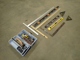 Assortment Of Drywall T-Square, L-Square, Levelers And Toolbox w/ Assorted Tools (W-2-2)