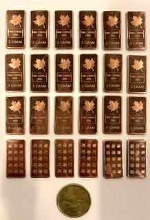 (24) 5 Gram, .999 Fine Copper, Maple Leaf Bars  **Located Offsite At 15222 135 Ave, Edmonton Call Chris For More Information 587-340-9961**