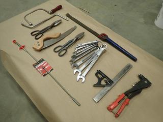 Qty Of Assorted Hand Tools Including: Combination Wrenches, Snipes, Square, Strap Wrench, Rivet Gun And (2) Saws (D-1) 