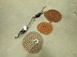 (3) Assorted Size Chains w/ Hooks And (2) Wire Rope Puller Come Alongs (L-3-3) 