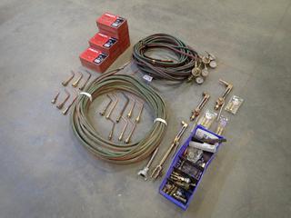 Qty Of Oxy/Acetylene Hoses c/w (3) Cutting Torches, Torch Tips, Flashback Arrestors, Firestop Blocks And Assorted Supplies