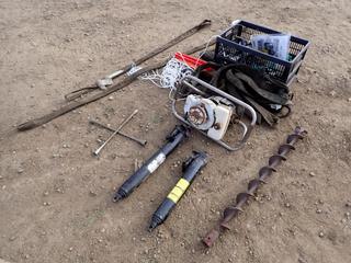 (2) 3-Ton Long Ram Jacks, Hammer, Lifting Slings, Auger Bit And Assorted Supplies