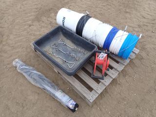 Qty Of 5 Gal. Buckets, Hose Reel, (4) Drip Pans, (3) Lawn Stakes And 100 Ft. Roll Of Garden Netting