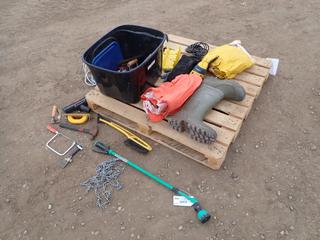 Size 12 Steel Toe Rain Boots, Rain Gear, Gloves, Chain, Sprayer And Assorted Supplies (D-1) 