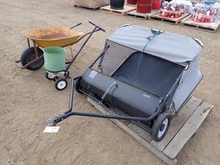 Wheelbarrow c/w Whirl-On Model 33 Seed Spreader And 40 In. Tow Behind Lawn Sweeper