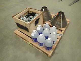 Qty of Assorted Hydraulic Fittings, Bottles of Anti-Fog, Safety Glass Cleaner And Metal Screen Cones (N-3-2)